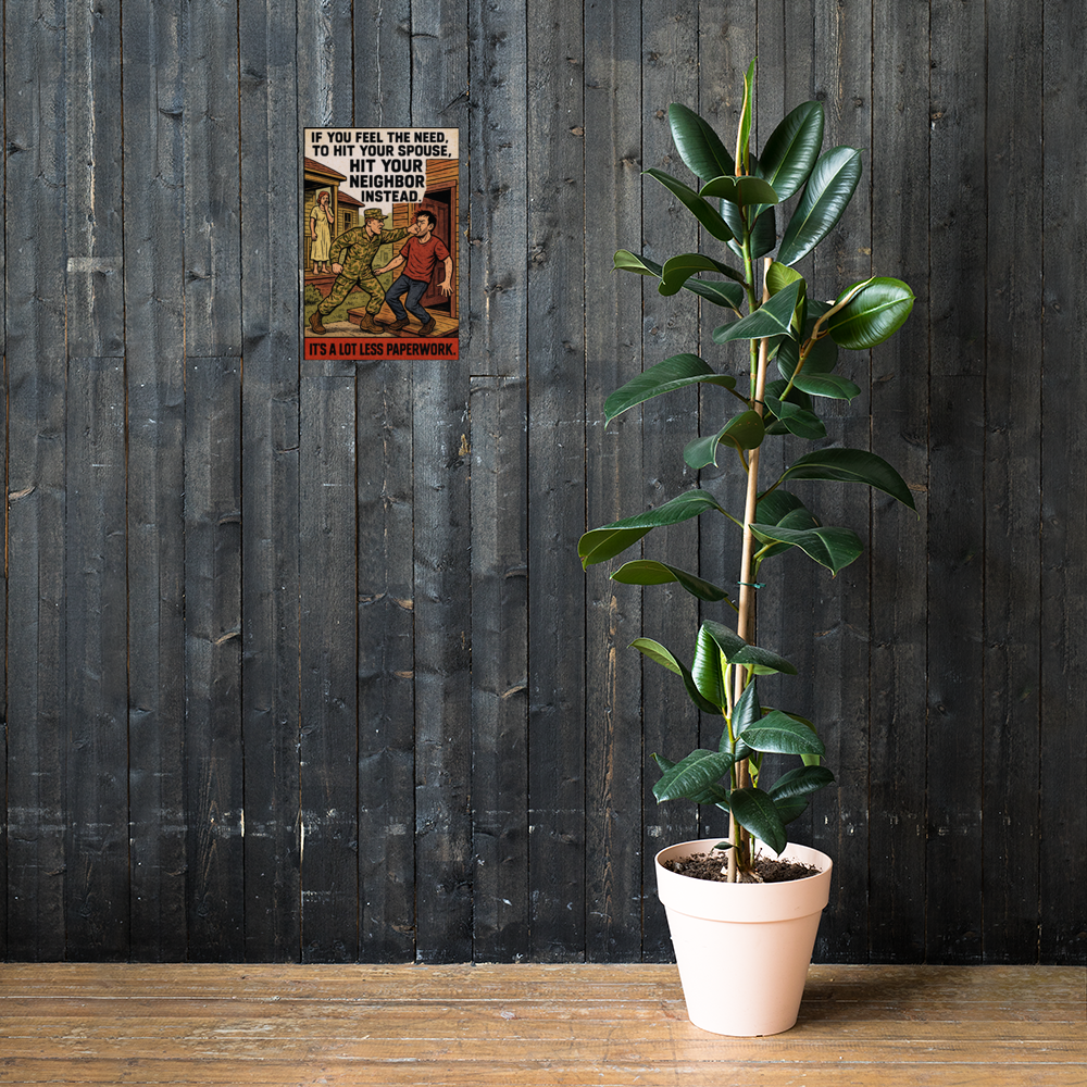 If You Feel the Need, to Hit Your Spouse, Hit Your Neighbor Instead: 12 in by 18 in glossy poster on a dark wooden wall beside a plant; Printful room mockup.