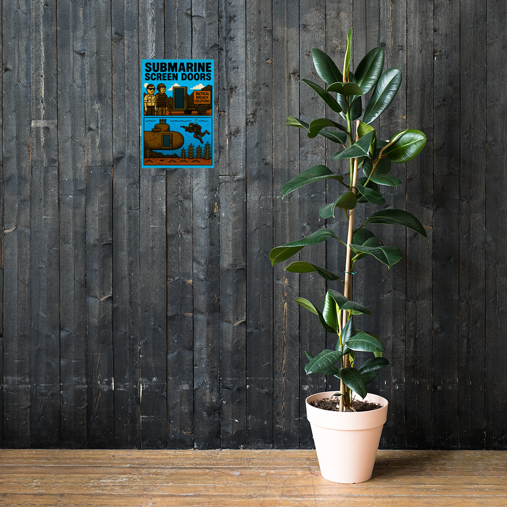 Submarine Screen Doors: 12 in by 18 in glossy poster on a dark wooden wall beside a plant; Printful room mockup.