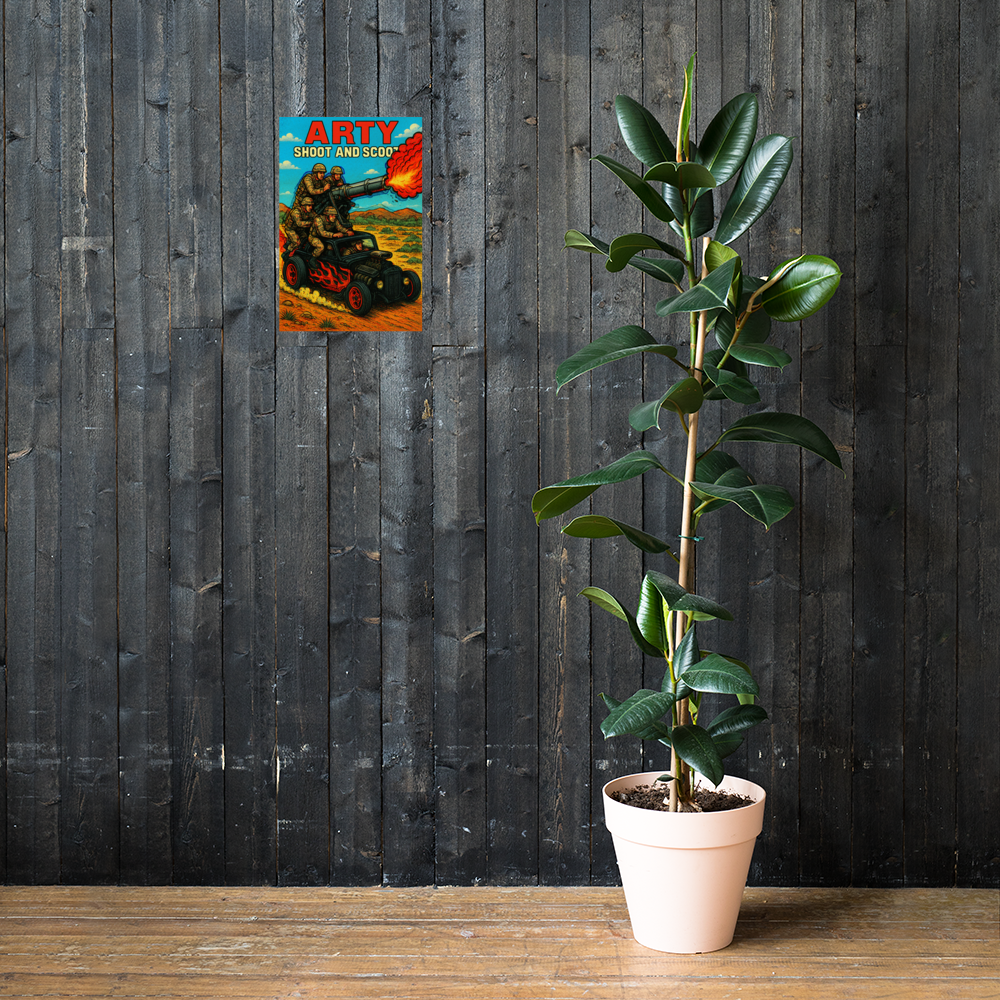 Arty: Shoot and Scoot: 12 in by 18 in glossy poster on a dark wooden wall beside a plant; Printful room mockup.