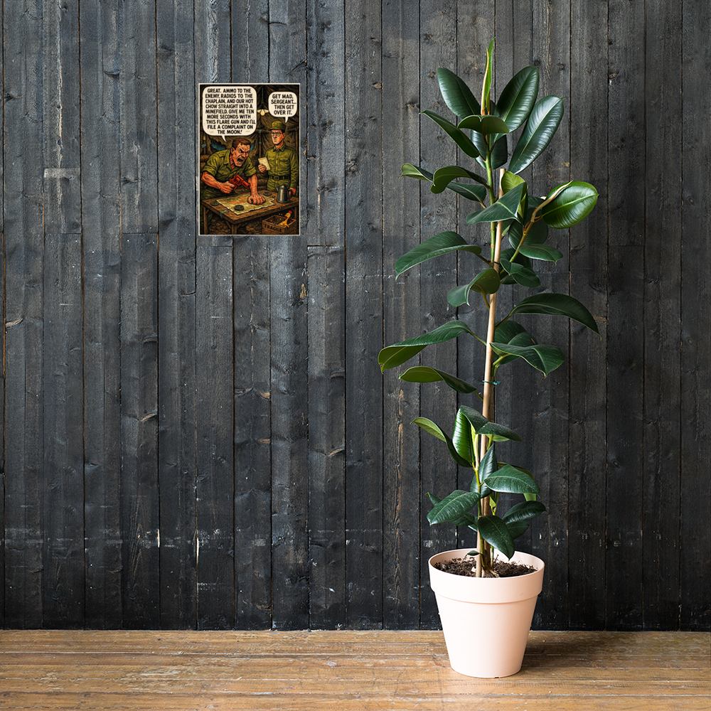Ammo to the Enemy, Radios to the Chaplain, and Our Hot Chow Straight into a Minefield: 12 in by 18 in glossy poster on a dark wooden wall beside a plant; Printful room mockup.