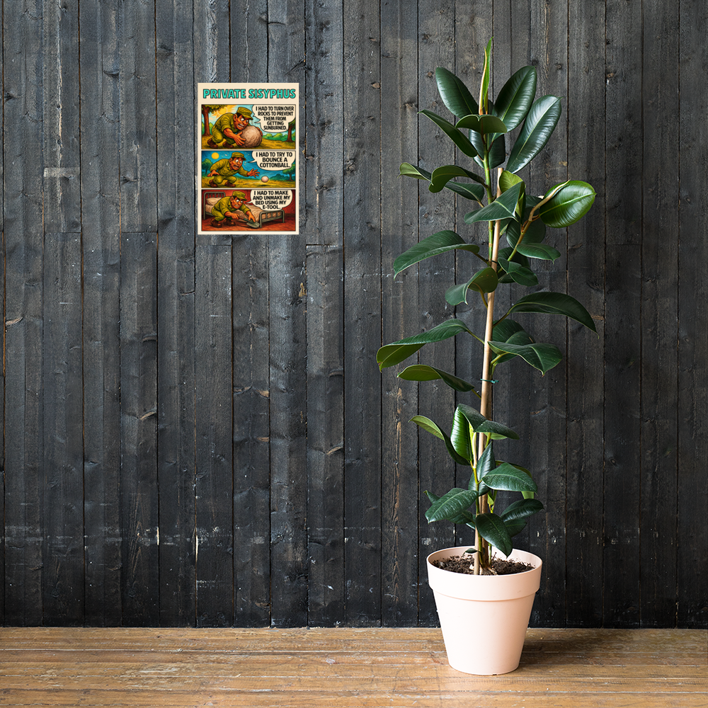 Private Sisyphus: 12 in by 18 in glossy poster on a dark wooden wall beside a plant; Printful room mockup.