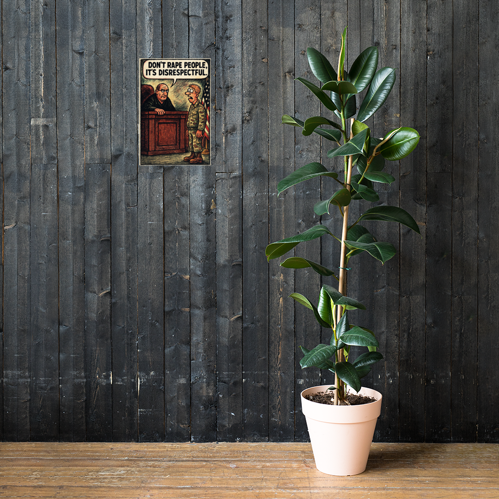 Don't Rape People, It's Disrespectful: 12 in by 18 in glossy poster on a dark wooden wall beside a plant; Printful room mockup.