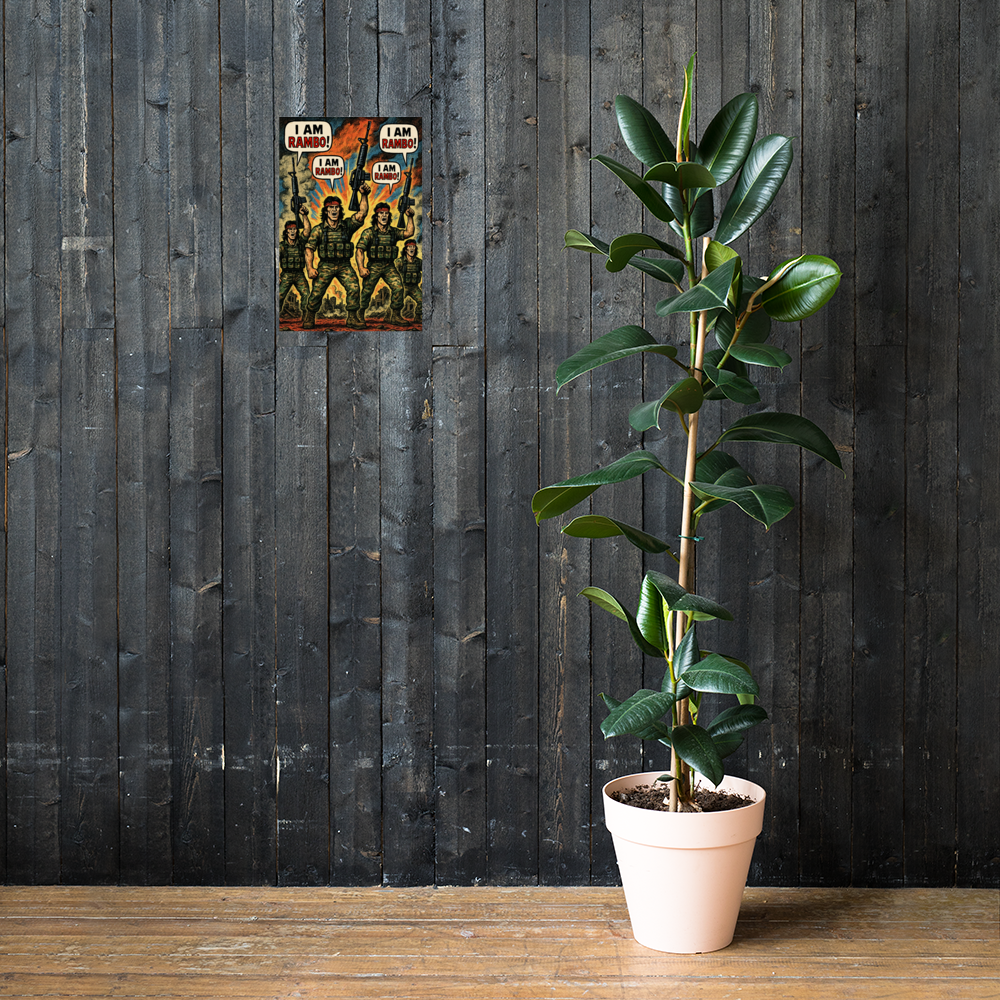 I Am Rambo!: 12 in by 18 in glossy poster on a dark wooden wall beside a plant; Printful room mockup.