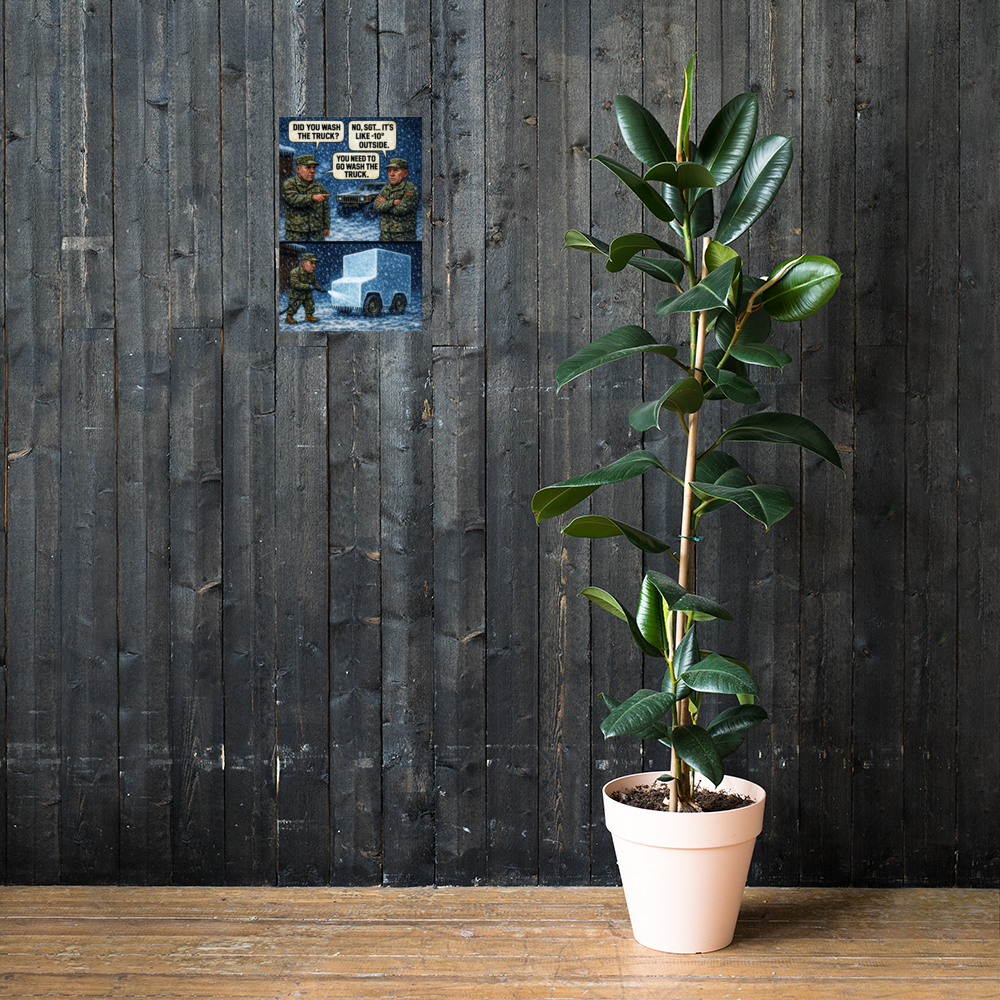 Did You Wash the Truck?: 12 in by 18 in glossy poster on a dark wooden wall beside a plant; Printful room mockup.