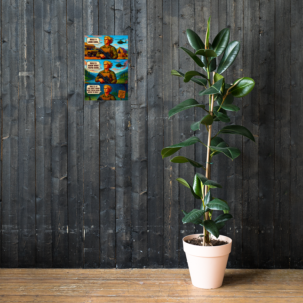 Rule 1: Look Cool: 12 in by 18 in glossy poster on a dark wooden wall beside a plant; Printful room mockup.
