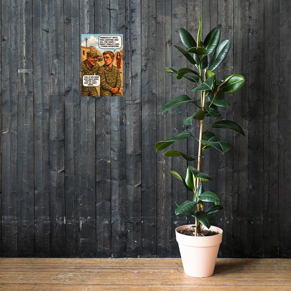 Honestly?: 12 in by 18 in glossy poster on a dark wooden wall beside a plant; Printful room mockup.