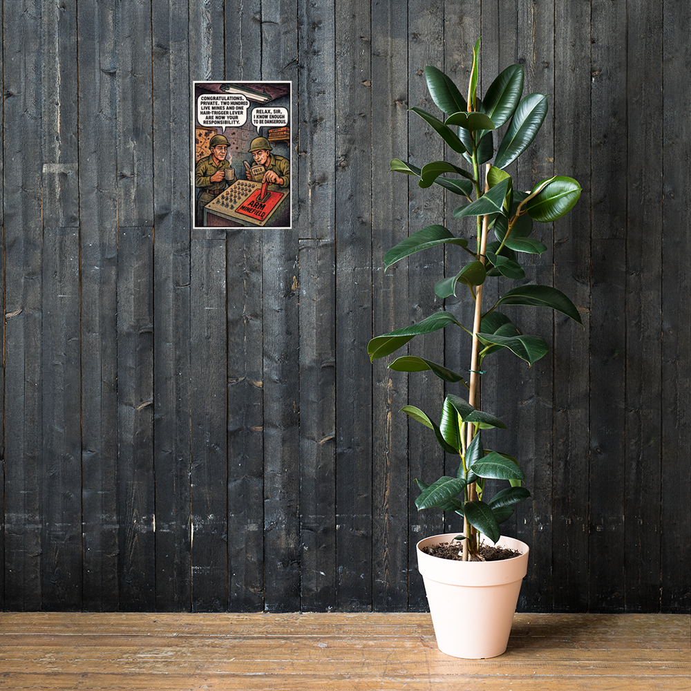 Congratulations, Private: 12 in by 18 in glossy poster on a dark wooden wall beside a plant; Printful room mockup.