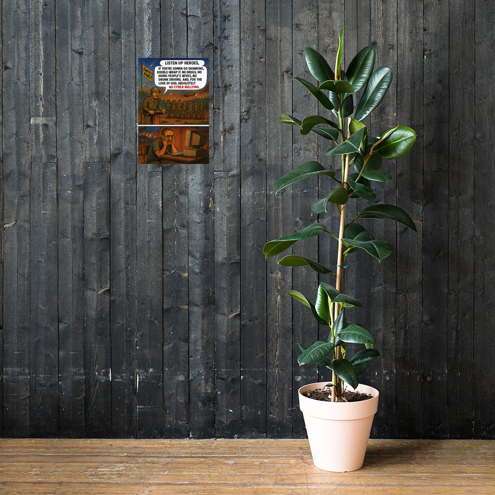 Safety First 2: 12 in by 18 in glossy poster on a dark wooden wall beside a plant; Printful room mockup.