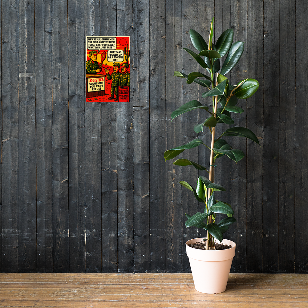 New Issue, Gentlemen: 12 in by 18 in glossy poster on a dark wooden wall beside a plant; Printful room mockup.