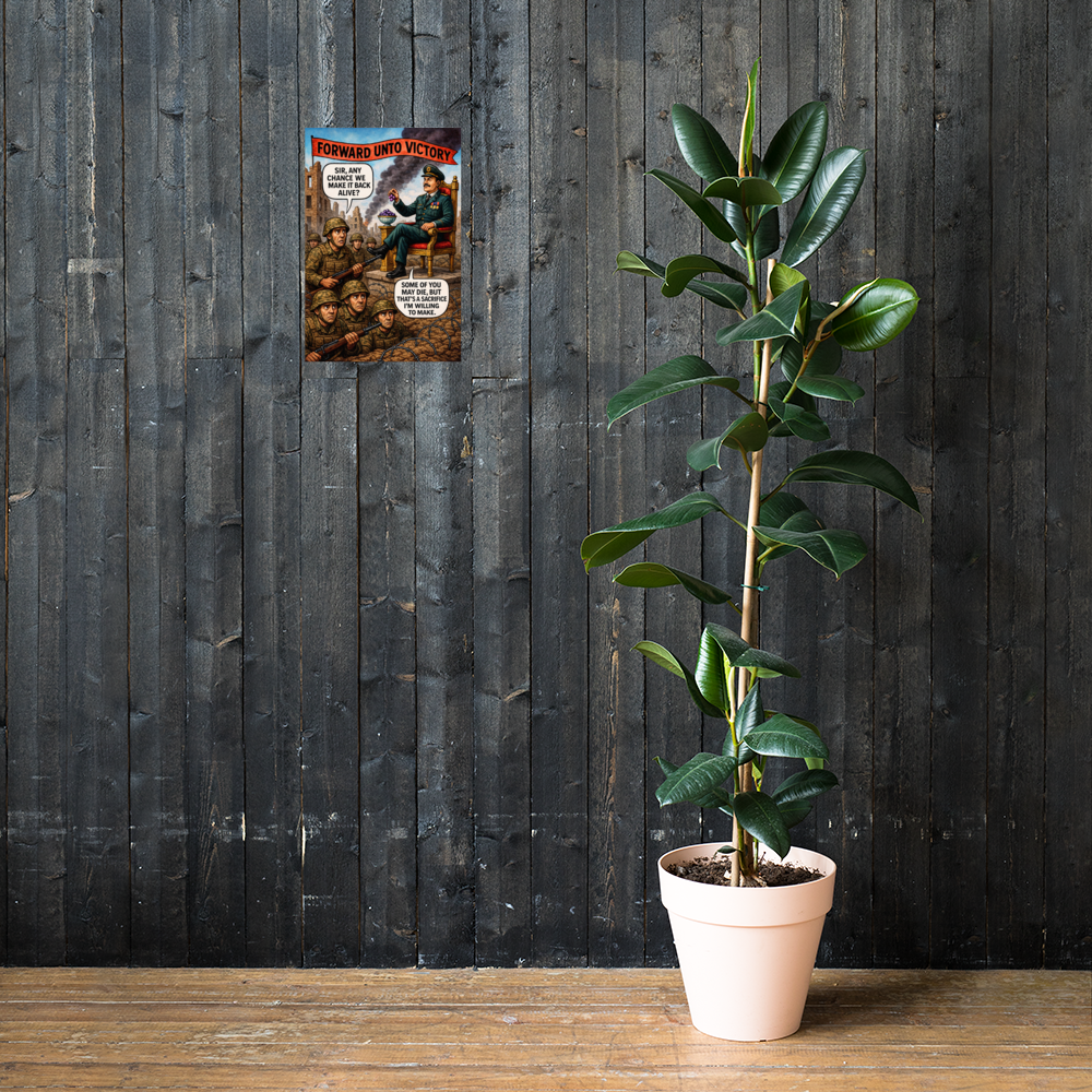 Forward Unto Victory: 12 in by 18 in glossy poster on a dark wooden wall beside a plant; Printful room mockup.