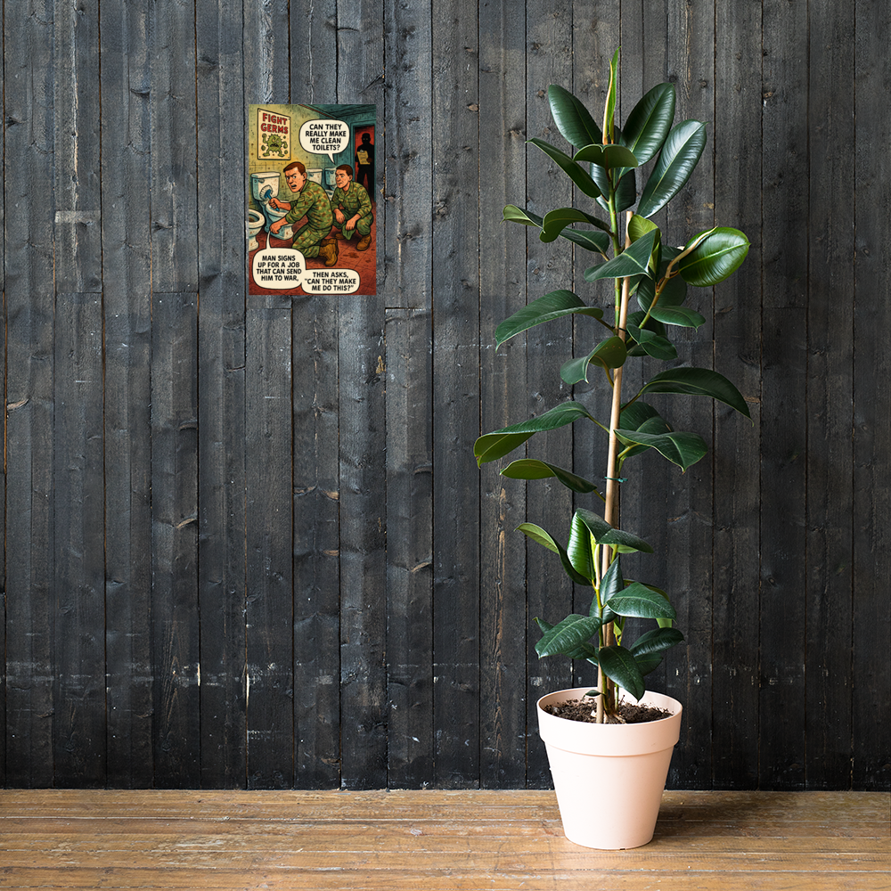 Fight Germs: 12 in by 18 in glossy poster on a dark wooden wall beside a plant; Printful room mockup.