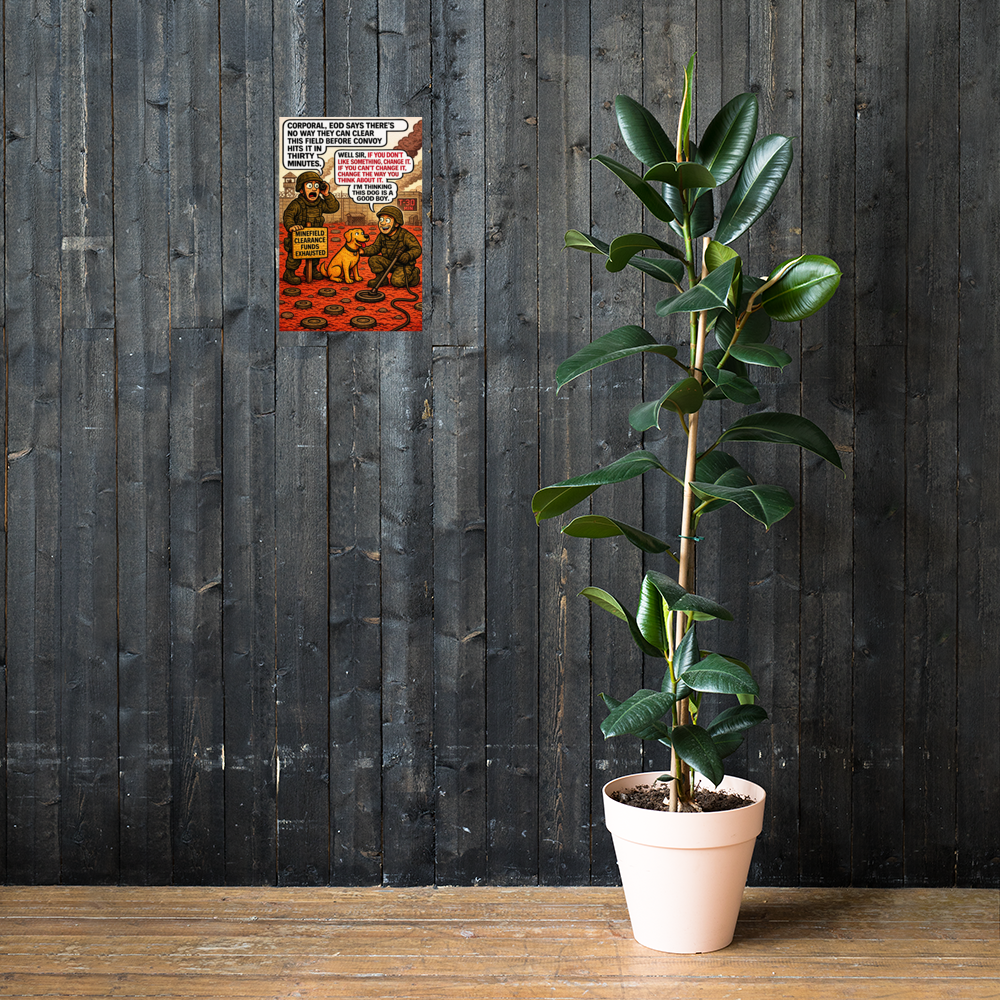 Corporal, EOD Says There’s No Way They Can Clear This Field Before Convoy Hits It in Thirty Minutes: 12 in by 18 in glossy poster on a dark wooden wall beside a plant; Printful room mockup.