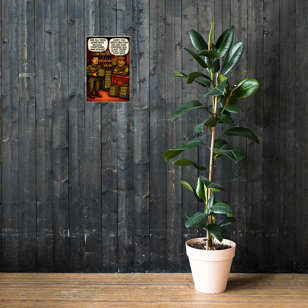 Are All These Nametapes Because Everything Was Stolen?: 12 in by 18 in glossy poster on a dark wooden wall beside a plant; Printful room mockup.