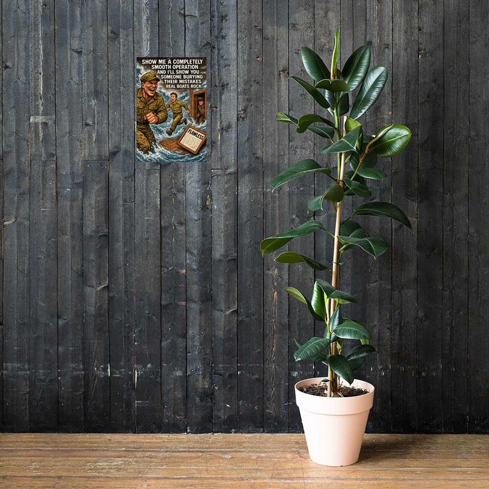 Show Me a Completely Smooth Operation and I'll Show You Someone Burying Their Mistakes: 12 in by 18 in glossy poster on a dark wooden wall beside a plant; Printful room mockup.