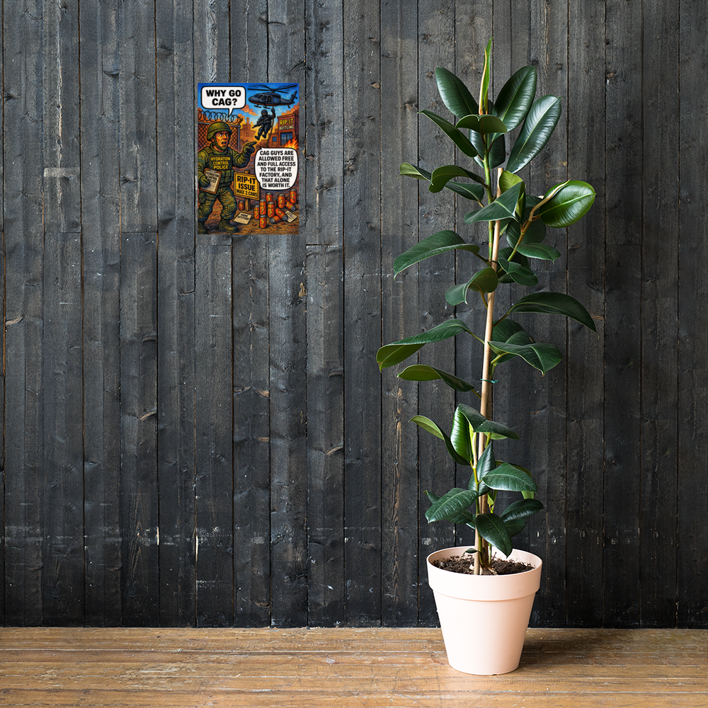 Why Go CAG?: 12 in by 18 in glossy poster on a dark wooden wall beside a plant; Printful room mockup.