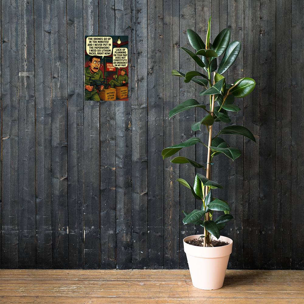 The Drones Go up in Ten Minutes!: 12 in by 18 in glossy poster on a dark wooden wall beside a plant; Printful room mockup.
