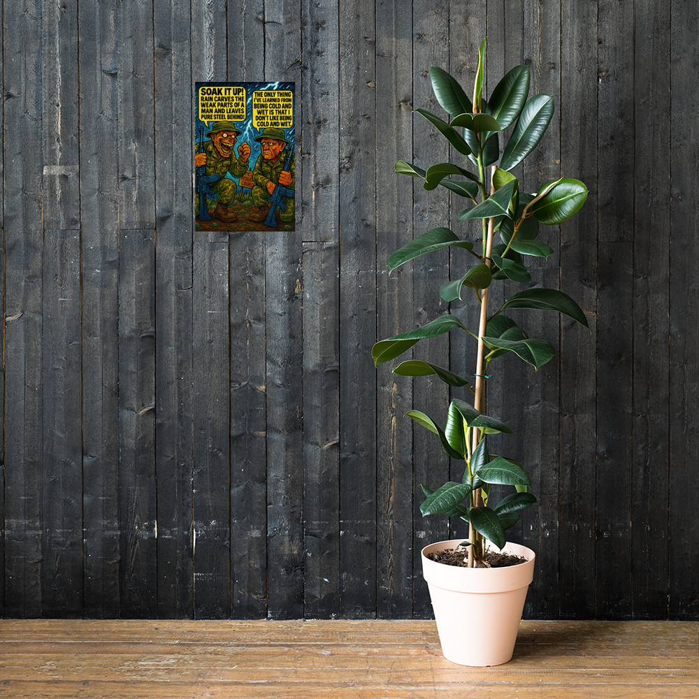 Soak It up!: 12 in by 18 in glossy poster on a dark wooden wall beside a plant; Printful room mockup.