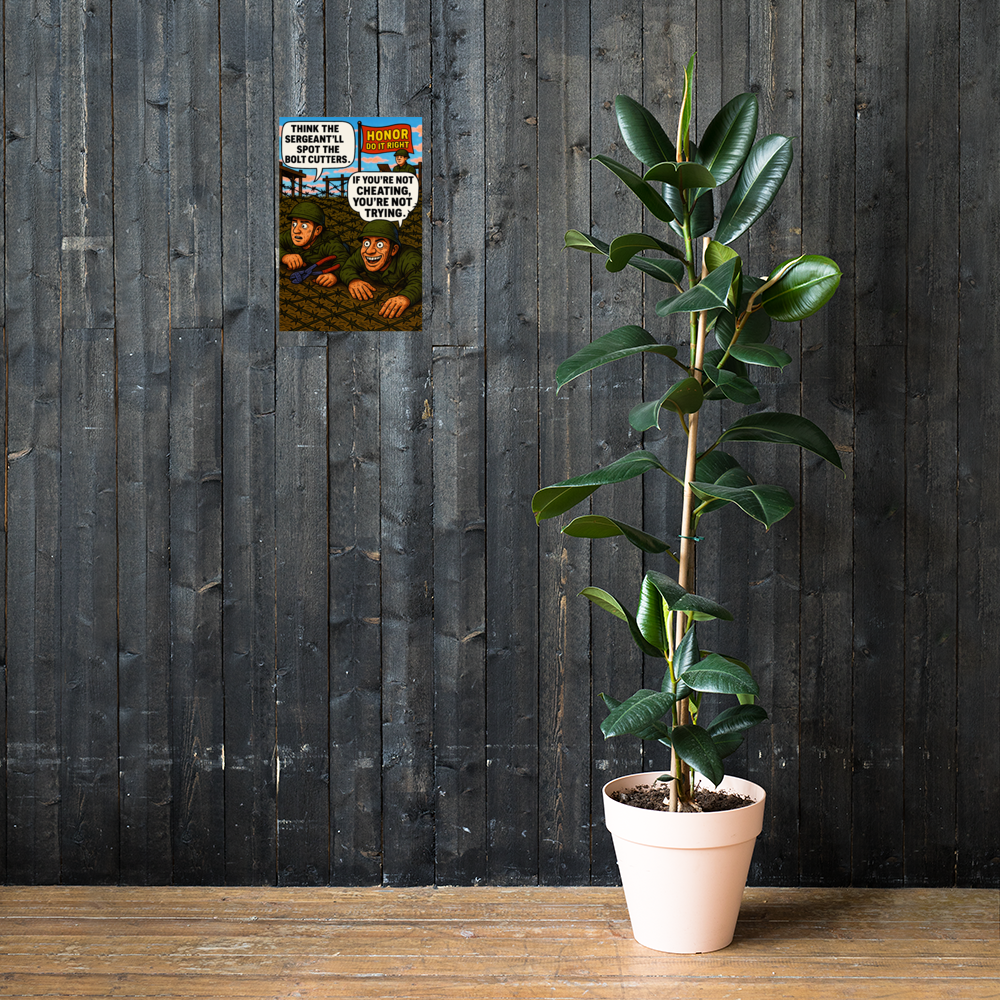 Think the Sergeant'll Spot the Bolt Cutters: 12 in by 18 in glossy poster on a dark wooden wall beside a plant; Printful room mockup.