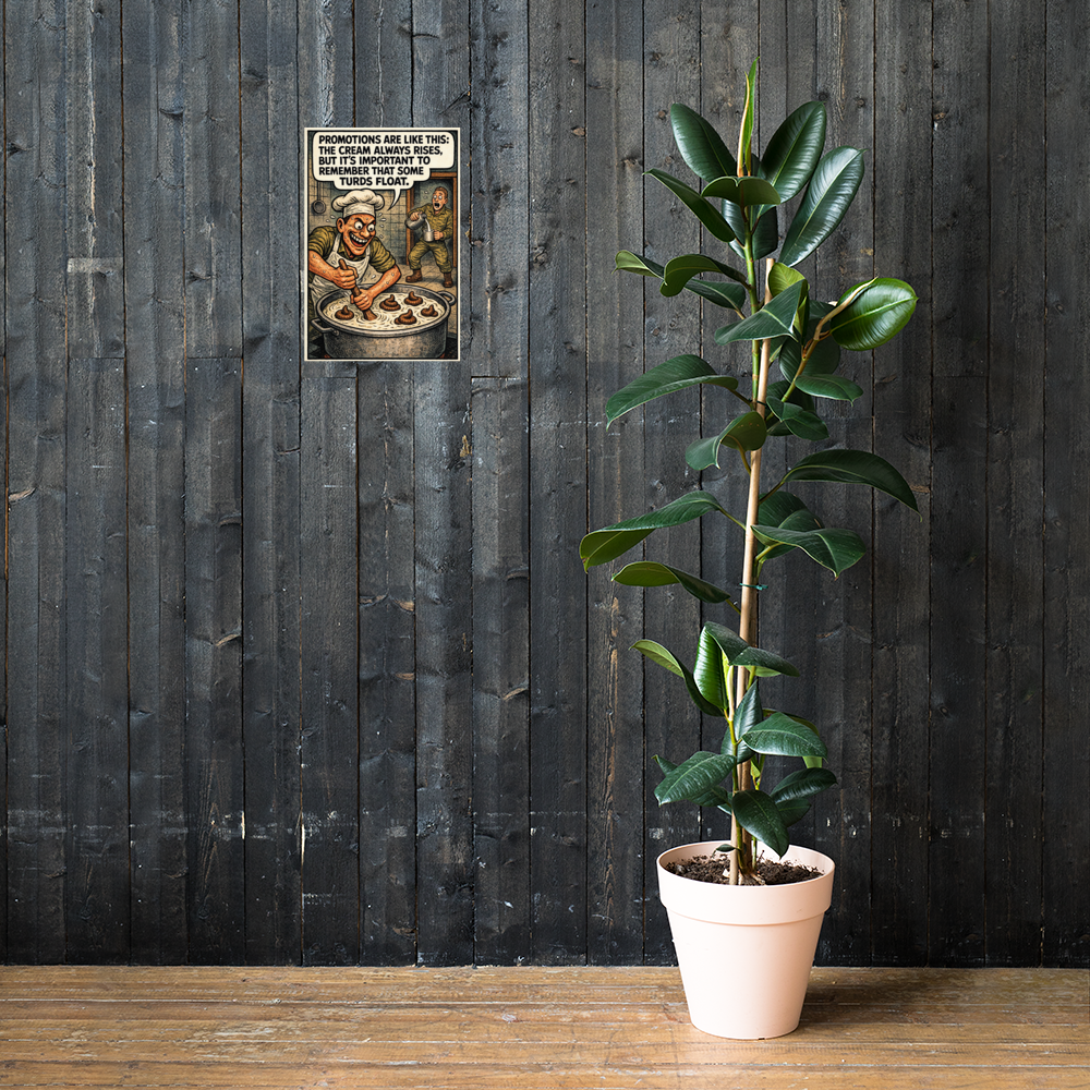 Promotions Are Like This: 12 in by 18 in glossy poster on a dark wooden wall beside a plant; Printful room mockup.
