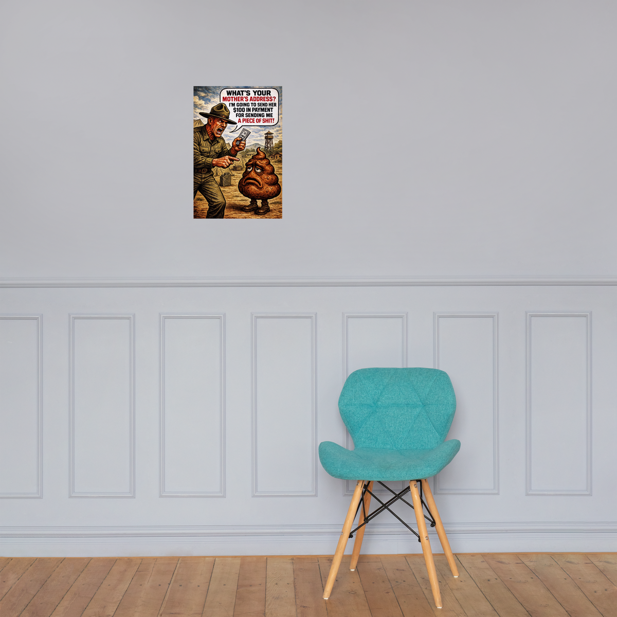12 in by 18 in glossy comic poster on a paneled wall above a turquoise chair; Printful room mockup.