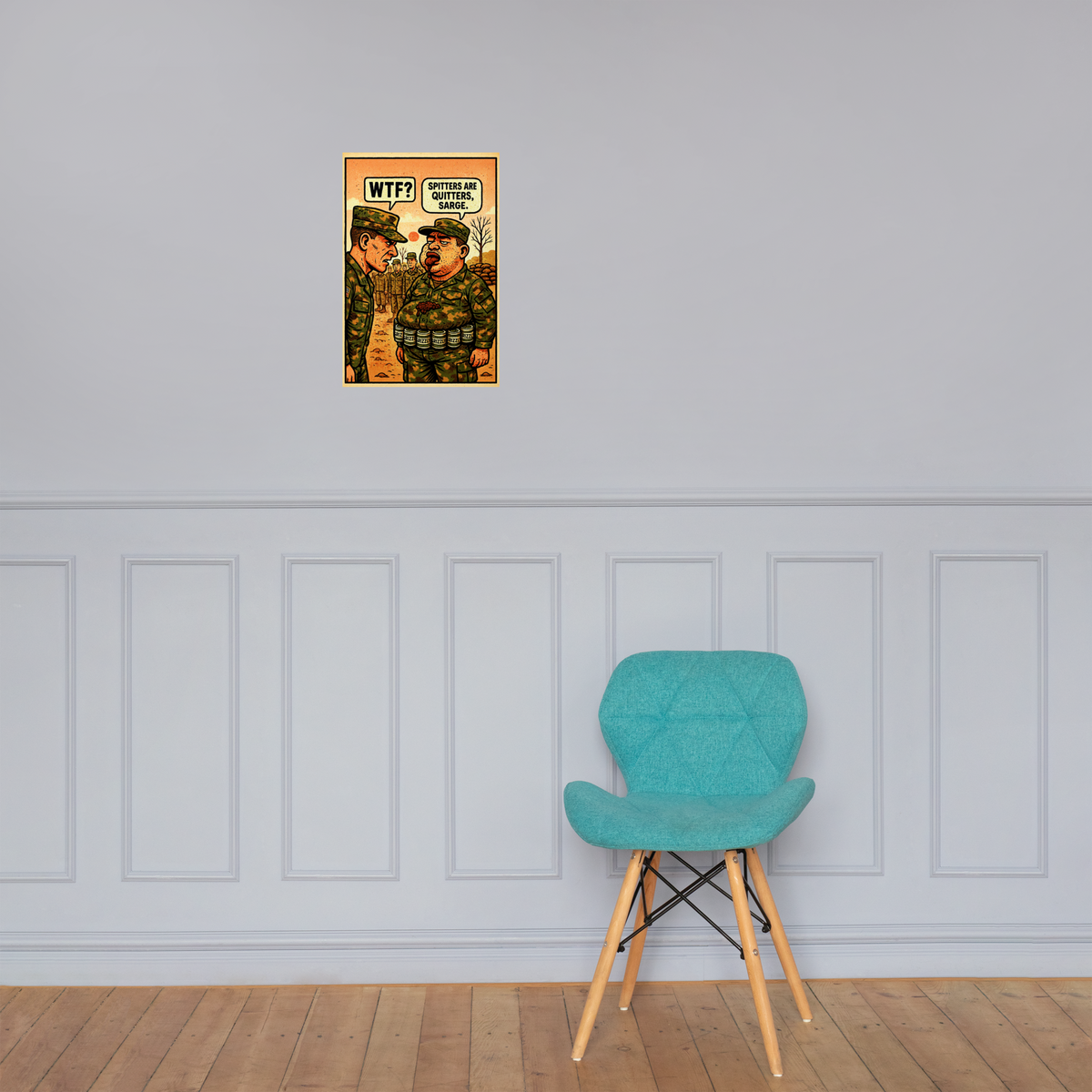 WTF?: 12 in by 18 in glossy poster on a paneled wall above a turquoise chair; Printful room mockup.