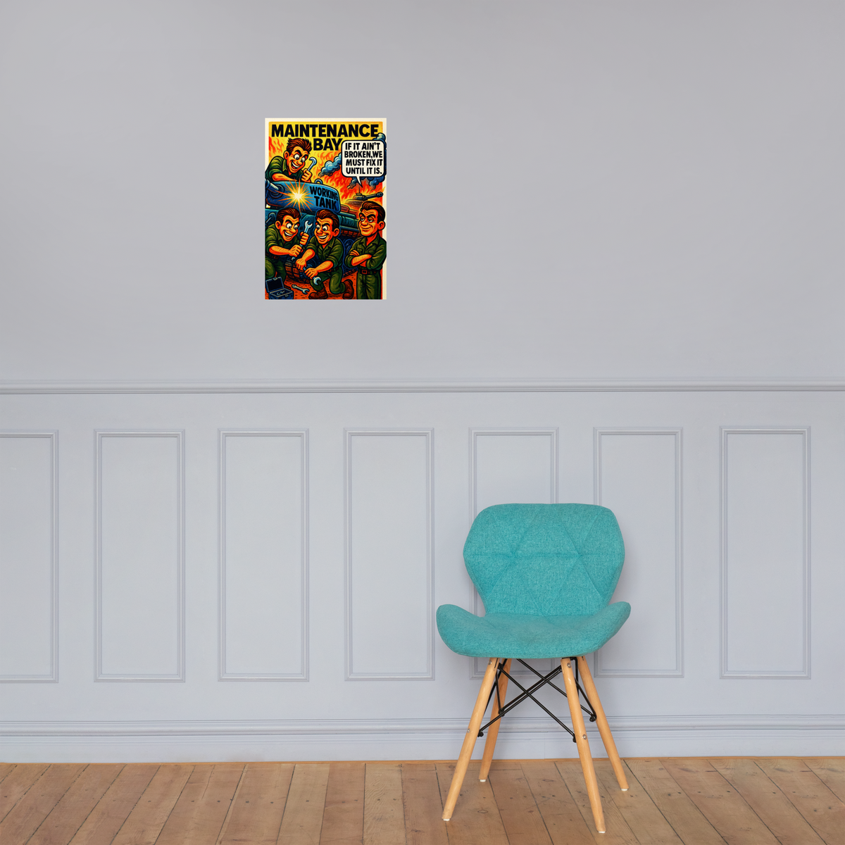 Maintenance Bay: 12 in by 18 in glossy poster on a paneled wall above a turquoise chair; Printful room mockup.