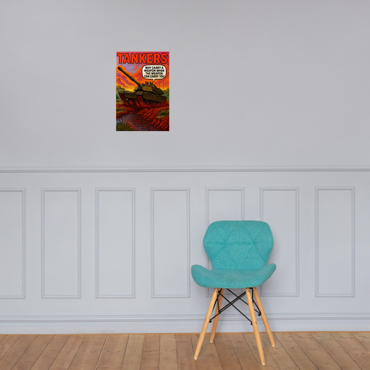 Tankers: 12 in by 18 in glossy poster on a paneled wall above a turquoise chair; Printful room mockup.