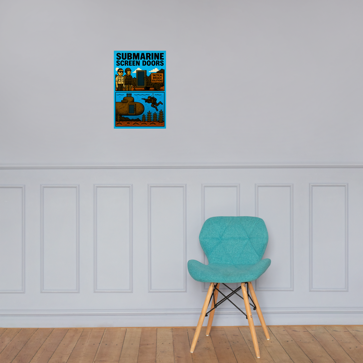 Submarine Screen Doors: 12 in by 18 in glossy poster on a paneled wall above a turquoise chair; Printful room mockup.