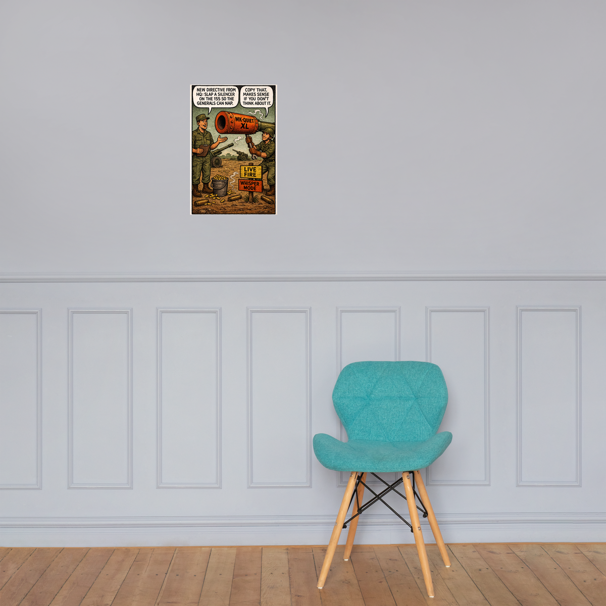 New Directive from HQ: 12 in by 18 in glossy poster on a paneled wall above a turquoise chair; Printful room mockup.