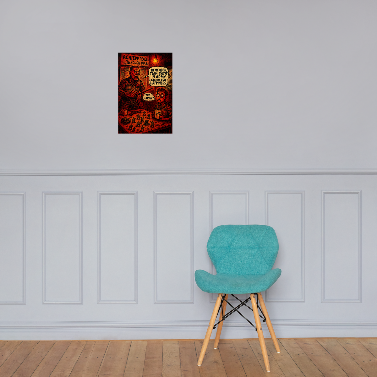 Achieve Peace: 12 in by 18 in glossy poster on a paneled wall above a turquoise chair; Printful room mockup.