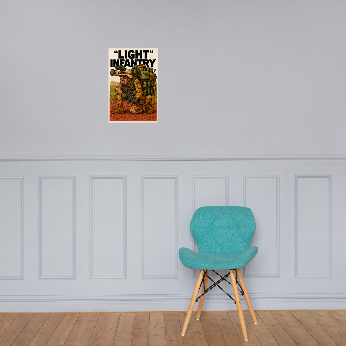 “Light” Infantry: 12 in by 18 in glossy poster on a paneled wall above a turquoise chair; Printful room mockup.