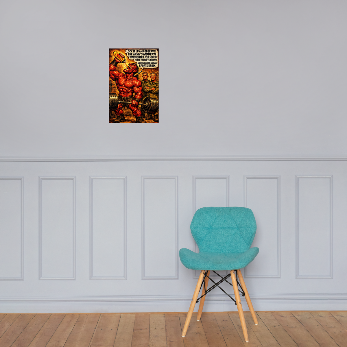 Lock It up and Observe: 12 in by 18 in glossy poster on a paneled wall above a turquoise chair; Printful room mockup.