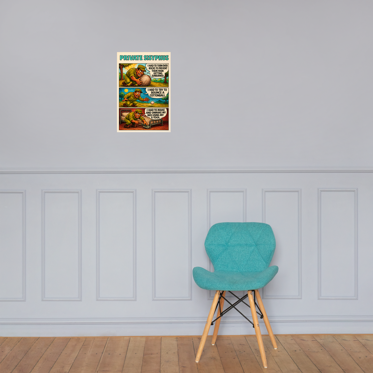Private Sisyphus: 12 in by 18 in glossy poster on a paneled wall above a turquoise chair; Printful room mockup.