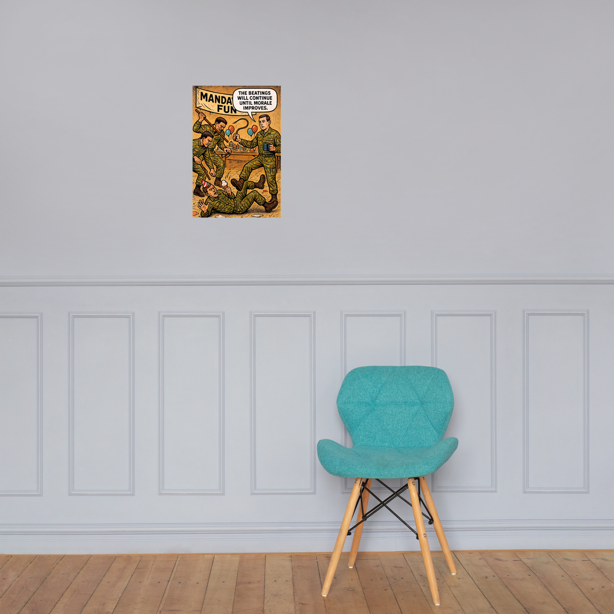 Mandatory Fun: 12 in by 18 in glossy poster on a paneled wall above a turquoise chair; Printful room mockup.