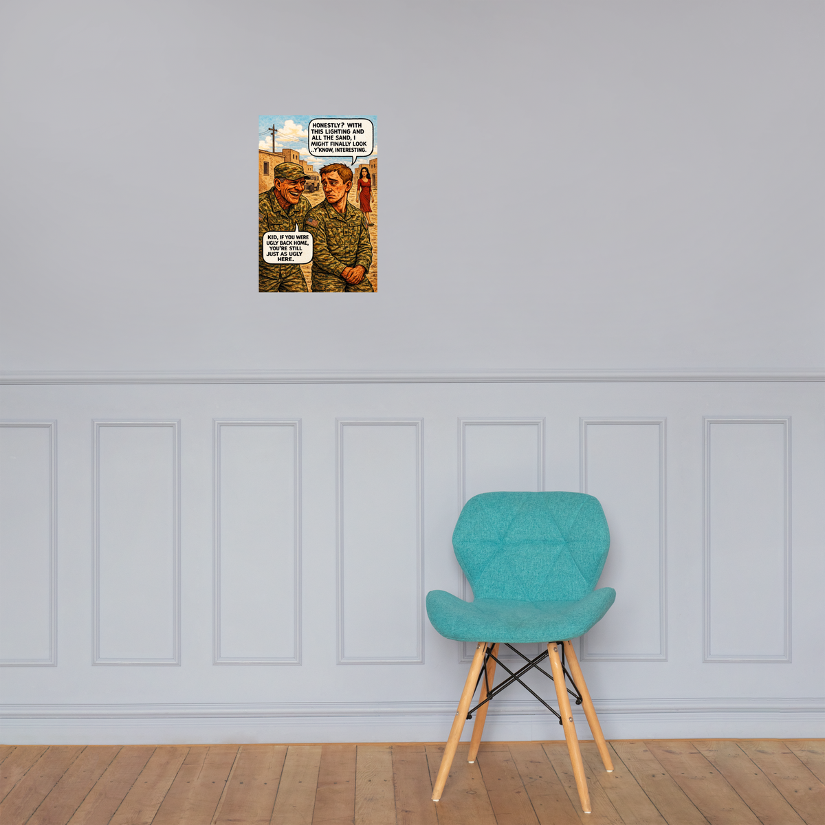 Honestly?: 12 in by 18 in glossy poster on a paneled wall above a turquoise chair; Printful room mockup.