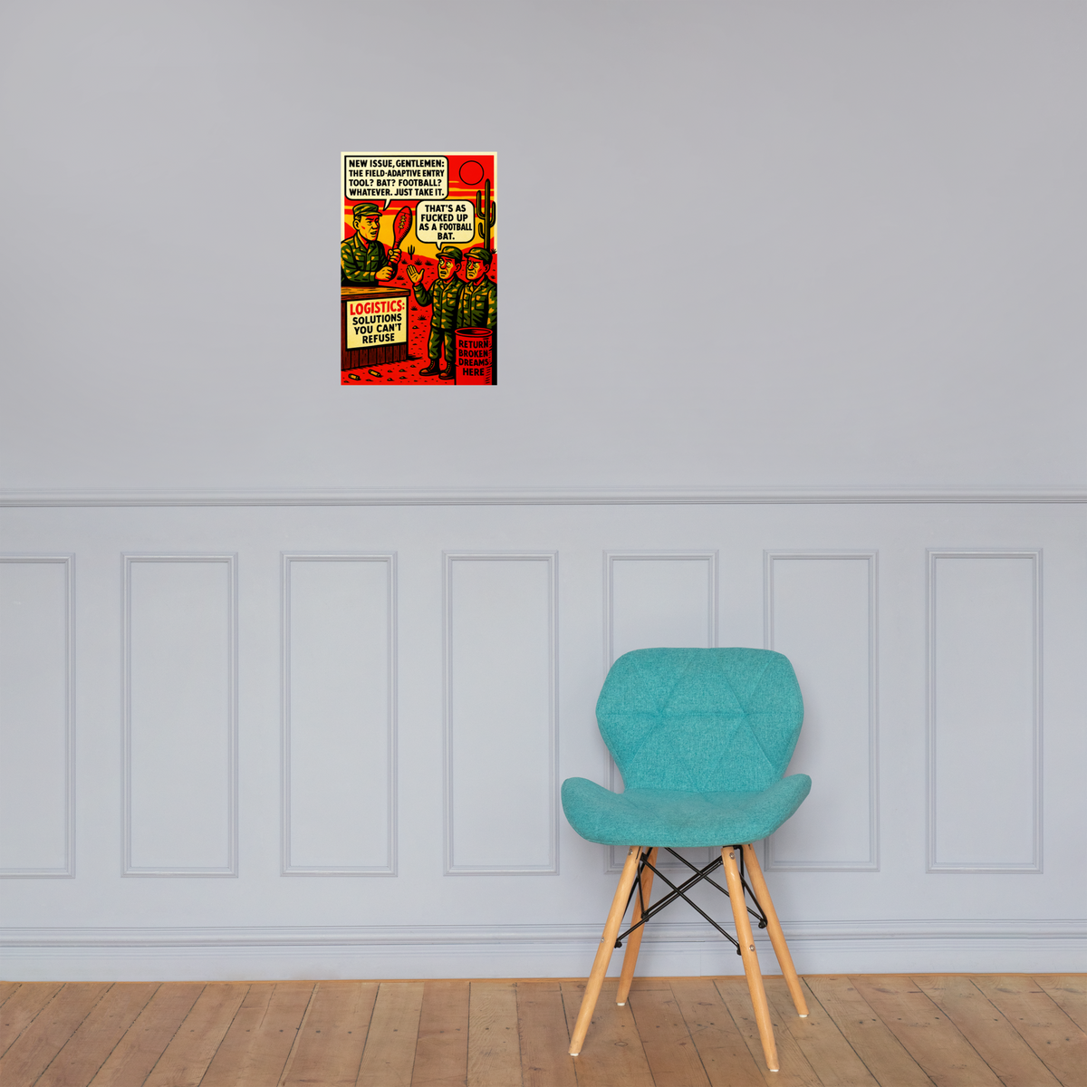 New Issue, Gentlemen: 12 in by 18 in glossy poster on a paneled wall above a turquoise chair; Printful room mockup.