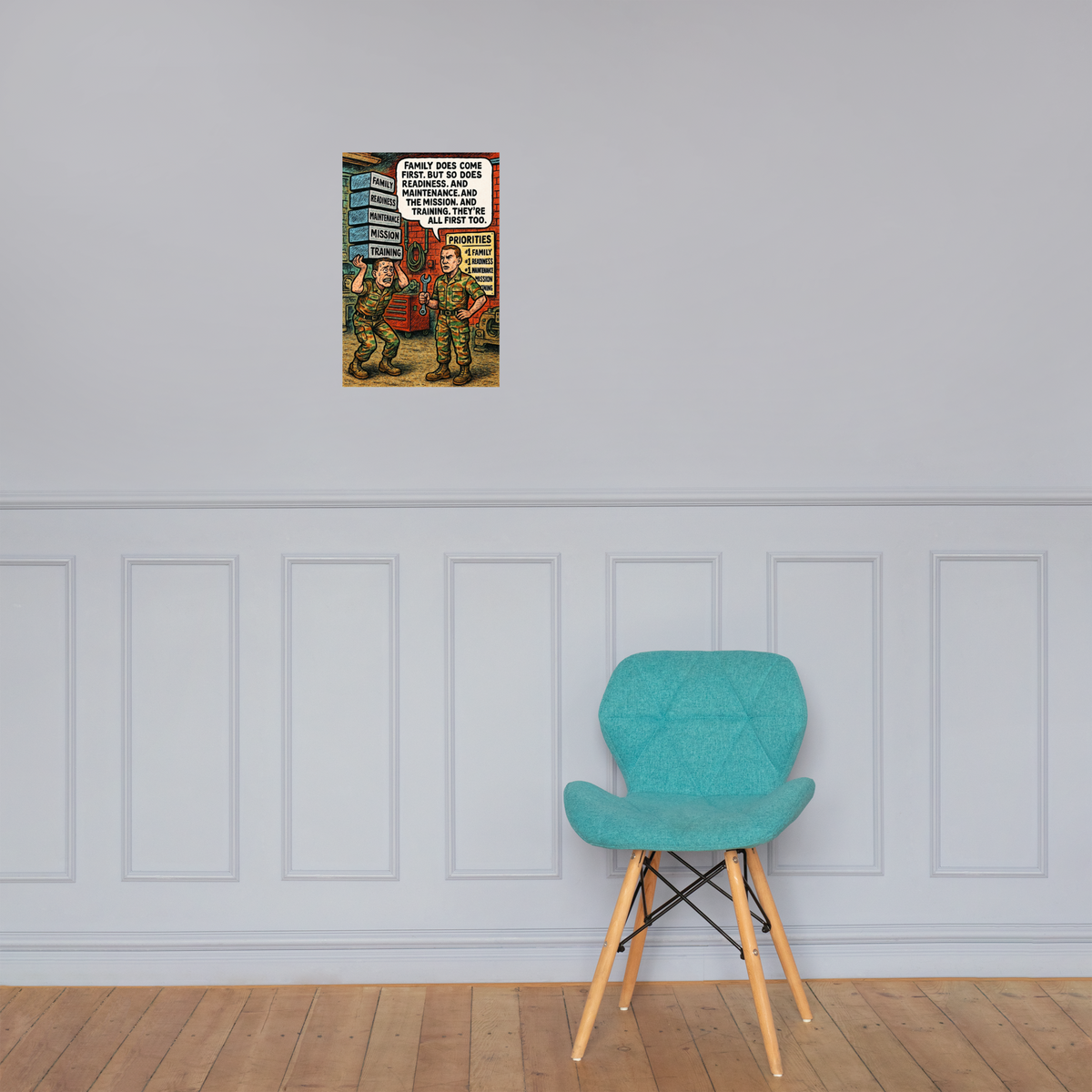 Family Does Come First: 12 in by 18 in glossy poster on a paneled wall above a turquoise chair; Printful room mockup.