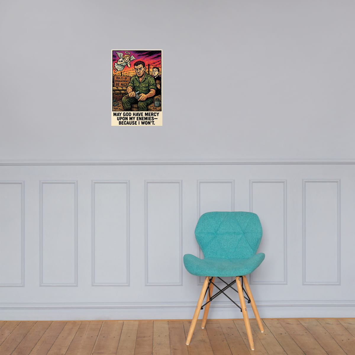 Rules of Engagement: 12 in by 18 in glossy poster on a paneled wall above a turquoise chair; Printful room mockup.