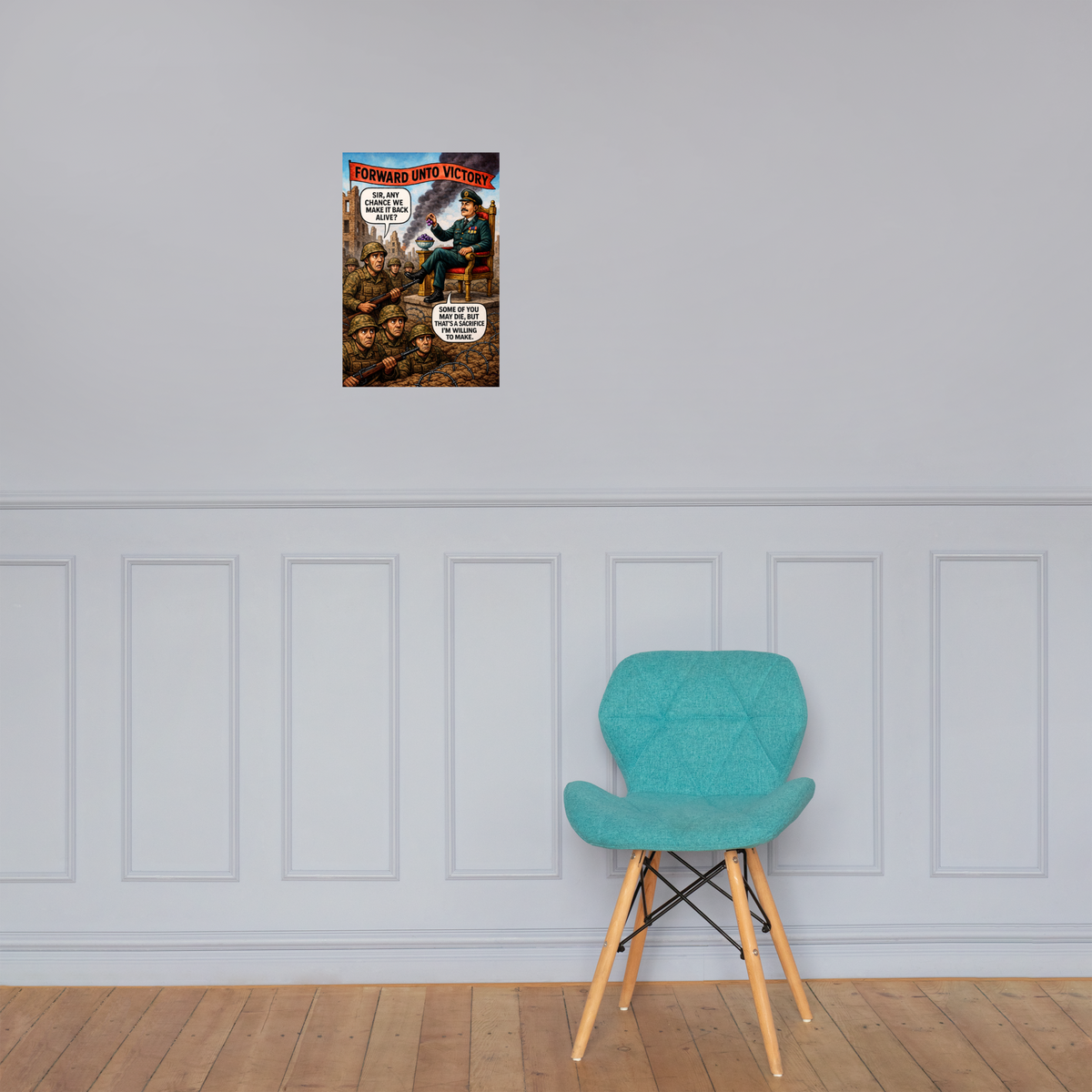 Forward Unto Victory: 12 in by 18 in glossy poster on a paneled wall above a turquoise chair; Printful room mockup.