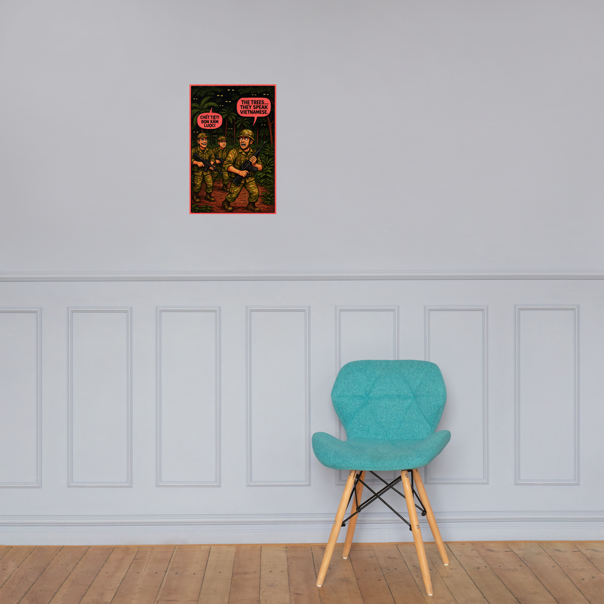 The Trees Speak Vietnamese: 12 in by 18 in glossy poster on a paneled wall above a turquoise chair; Printful room mockup.