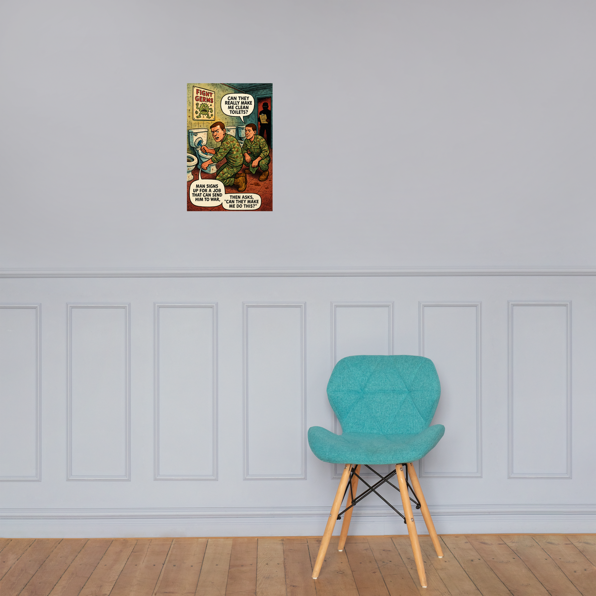 Fight Germs: 12 in by 18 in glossy poster on a paneled wall above a turquoise chair; Printful room mockup.