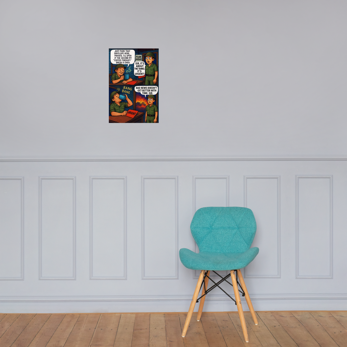 Just Park That Envelope Here, Private: 12 in by 18 in glossy poster on a paneled wall above a turquoise chair; Printful room mockup.