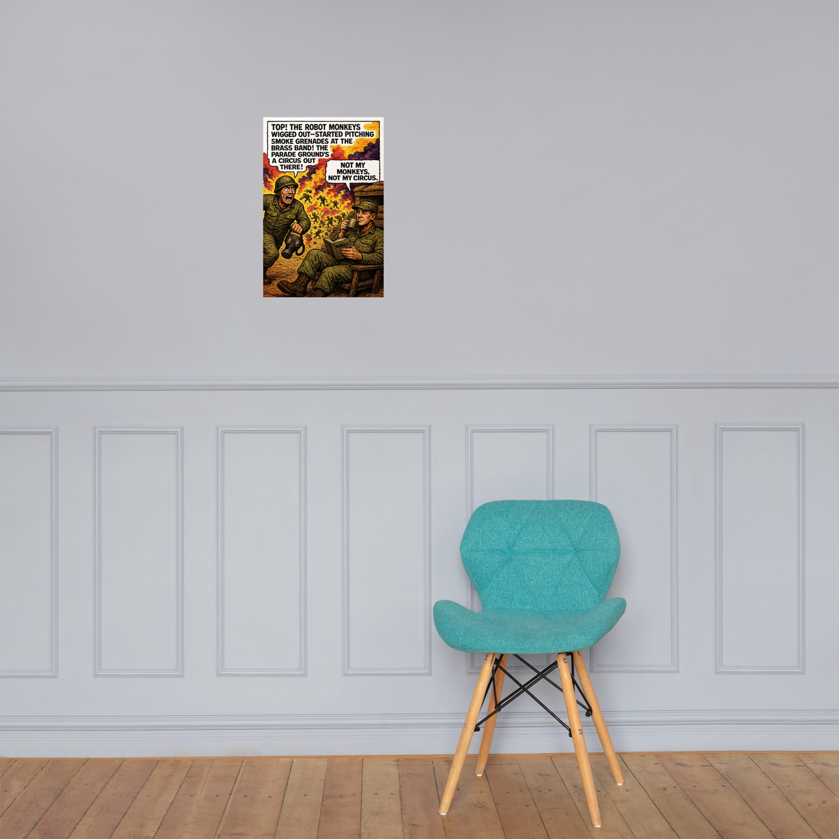 Top! The Robot Monkeys Wigged Out: 12 in by 18 in glossy poster on a paneled wall above a turquoise chair; Printful room mockup.