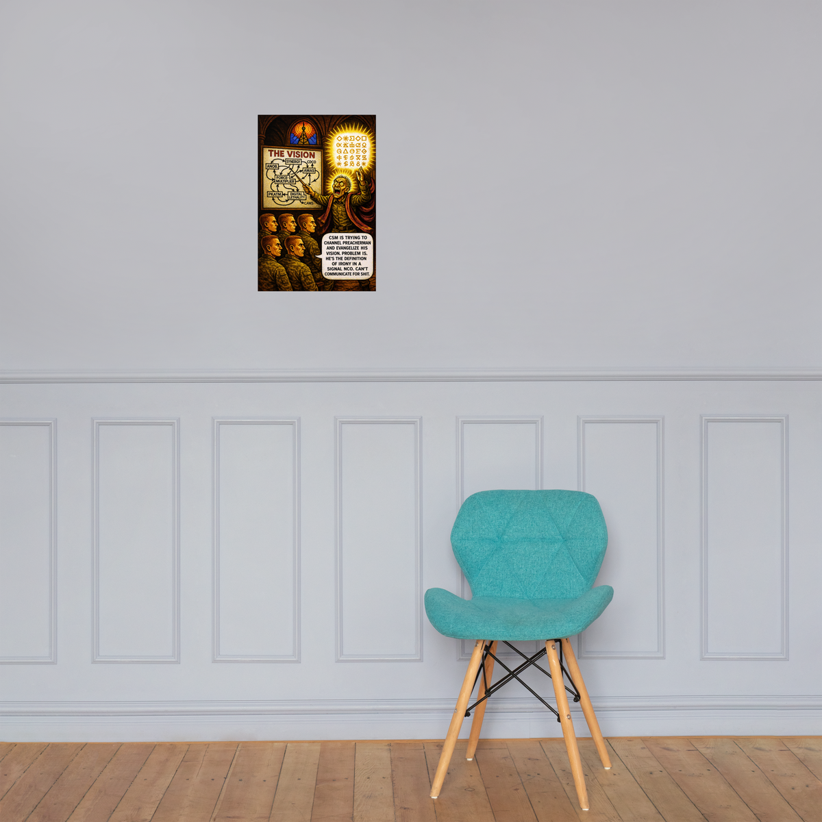 The Vision: 12 in by 18 in glossy poster on a paneled wall above a turquoise chair; Printful room mockup.
