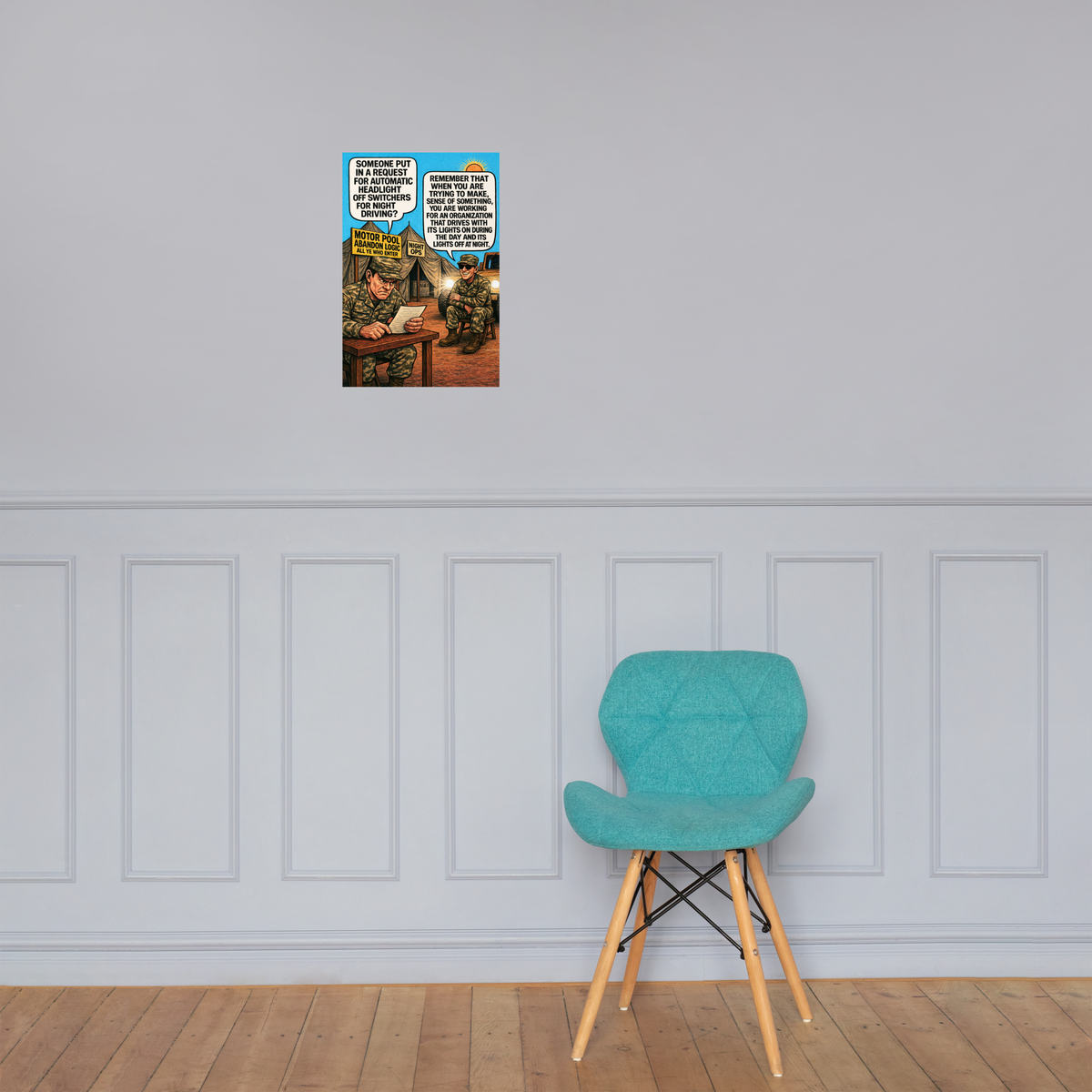 Someone Put in a Request for Automatic Headlight Off Switchers for Night Driving?: 12 in by 18 in glossy poster on a paneled wall above a turquoise chair; Printful room mockup.