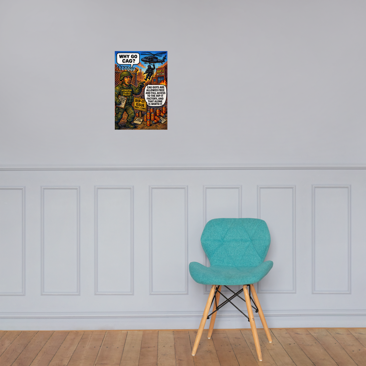 Why Go CAG?: 12 in by 18 in glossy poster on a paneled wall above a turquoise chair; Printful room mockup.