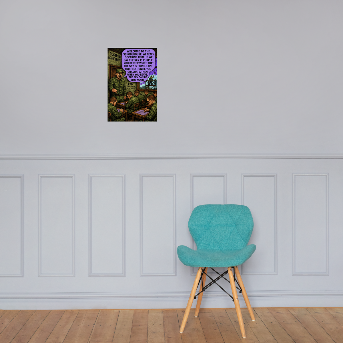 Welcome to the Schoolhouse: 12 in by 18 in glossy poster on a paneled wall above a turquoise chair; Printful room mockup.