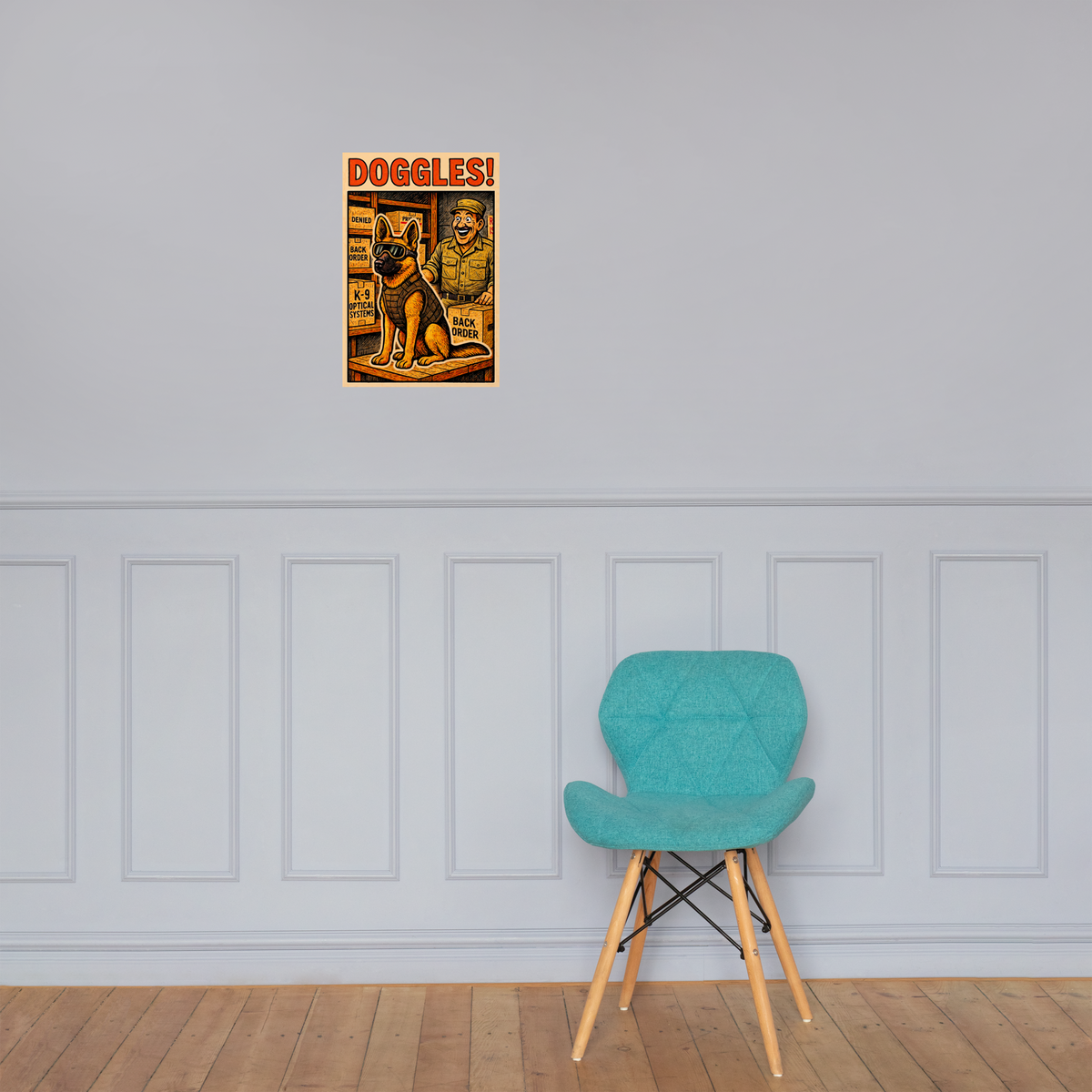 Doggles! 2: 12 in by 18 in glossy poster on a paneled wall above a turquoise chair; Printful room mockup.