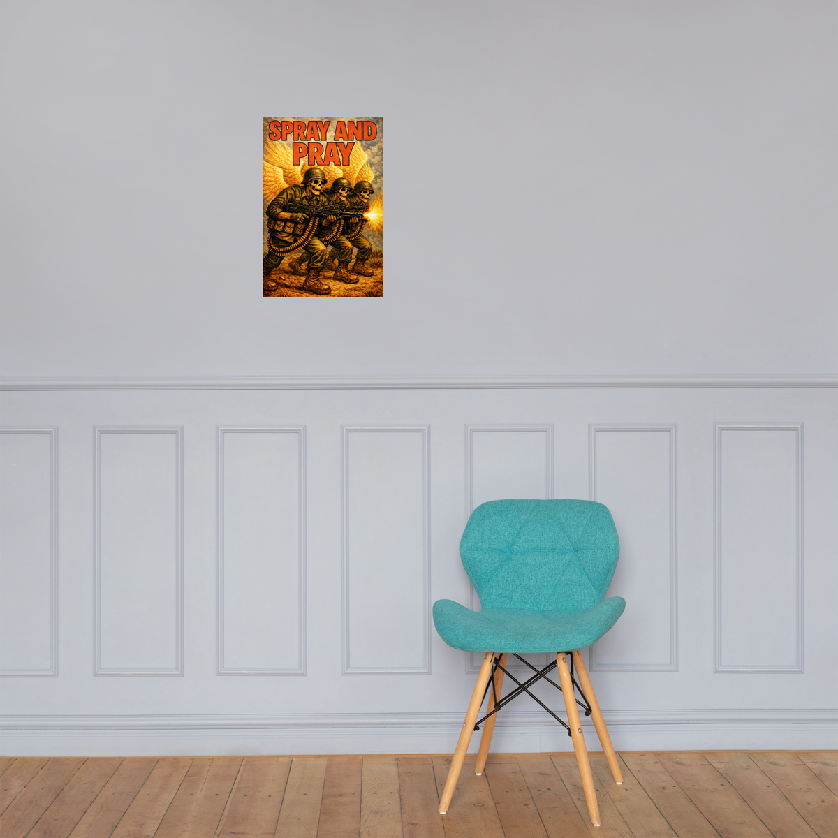 Spray and Pray: 12 in by 18 in glossy poster on a paneled wall above a turquoise chair; Printful room mockup.