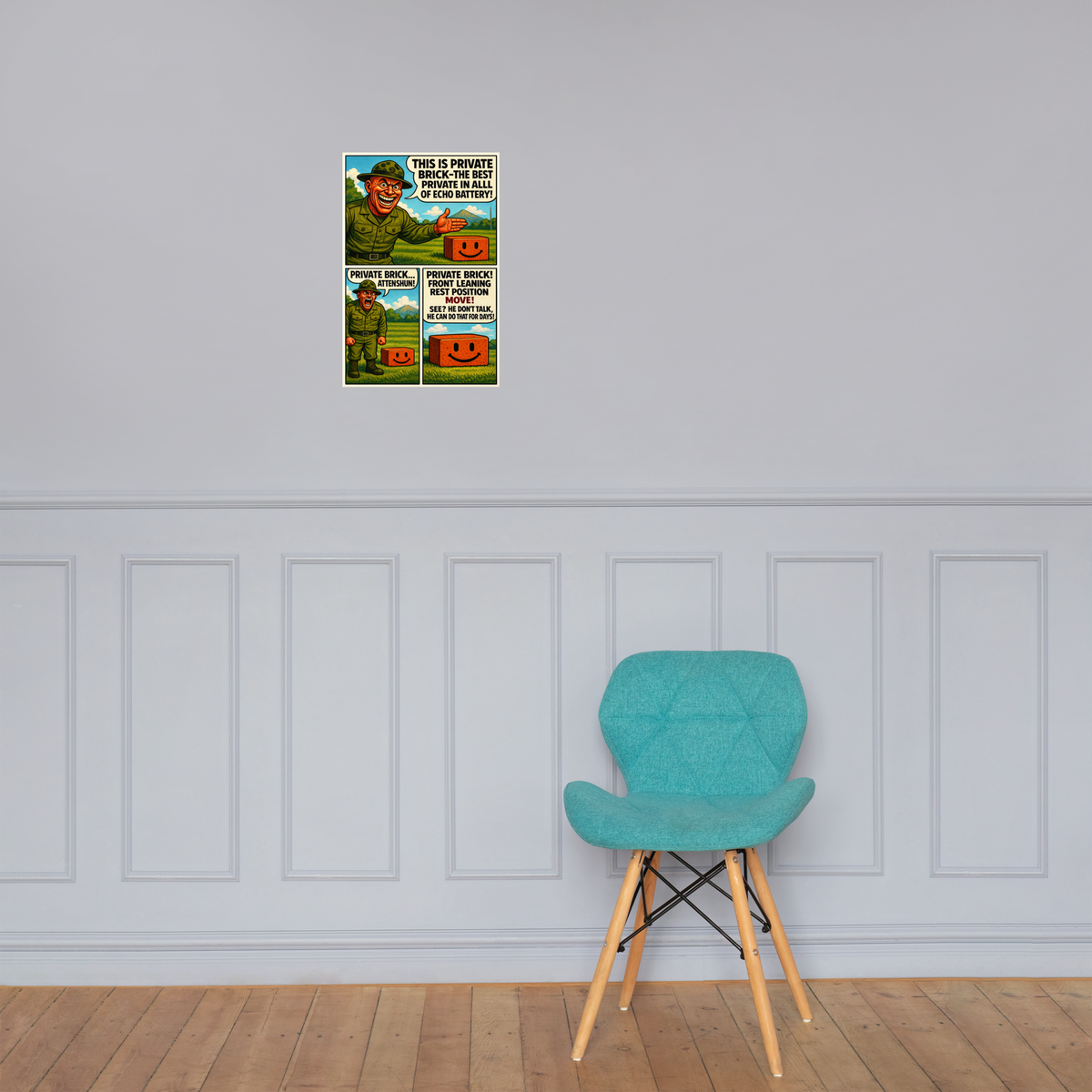 This Is Private Brick: 12 in by 18 in glossy poster on a paneled wall above a turquoise chair; Printful room mockup.